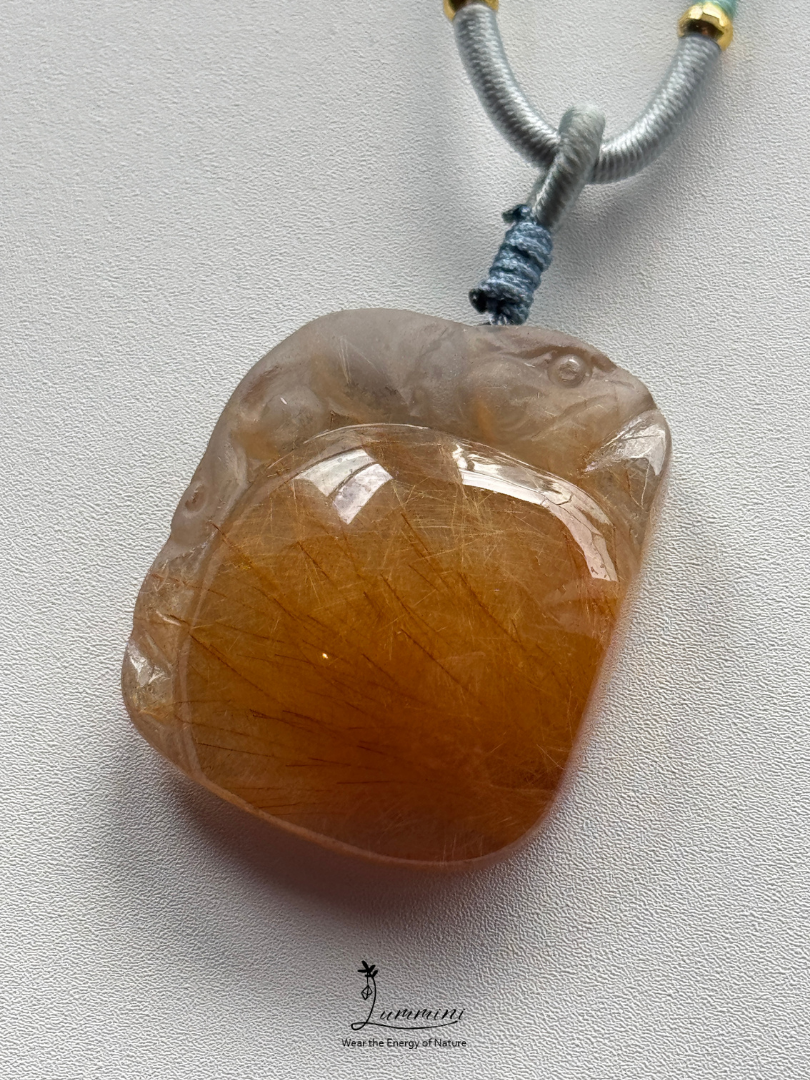 Natural Golden Rutilated Quartz Pixiu Pendant Necklace – Handwoven, One of a Kind