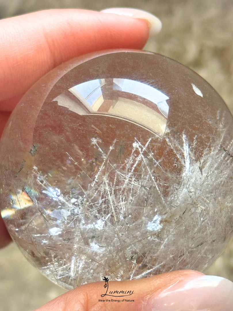 Rare & Distinctive,  Collector-Grade - Natural Garden Quartz Sphere with Frosted Rutile-Style Inclusions, Green Phantom & Rainbow, 48.5mm