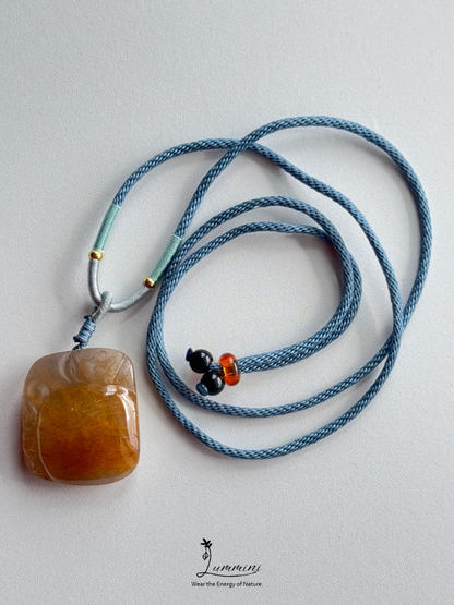 Natural Golden Rutilated Quartz Pixiu Pendant Necklace – Handwoven, One of a Kind