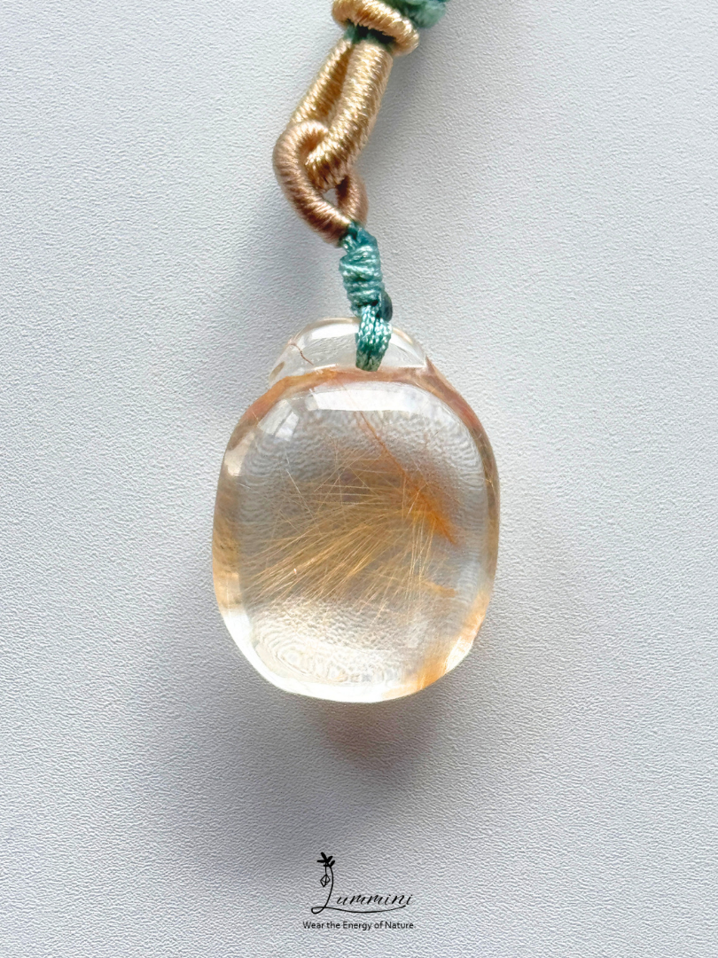 Natural Golden Rutilated Quartz Money Bag Pendant Necklace – Handwoven, One of a Kind