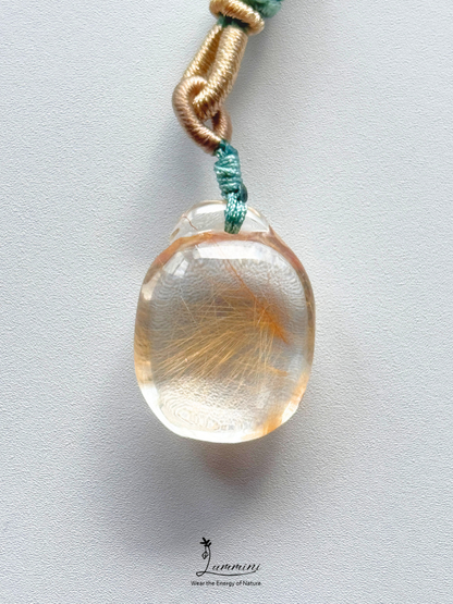 Natural Golden Rutilated Quartz Money Bag Pendant Necklace – Handwoven, One of a Kind