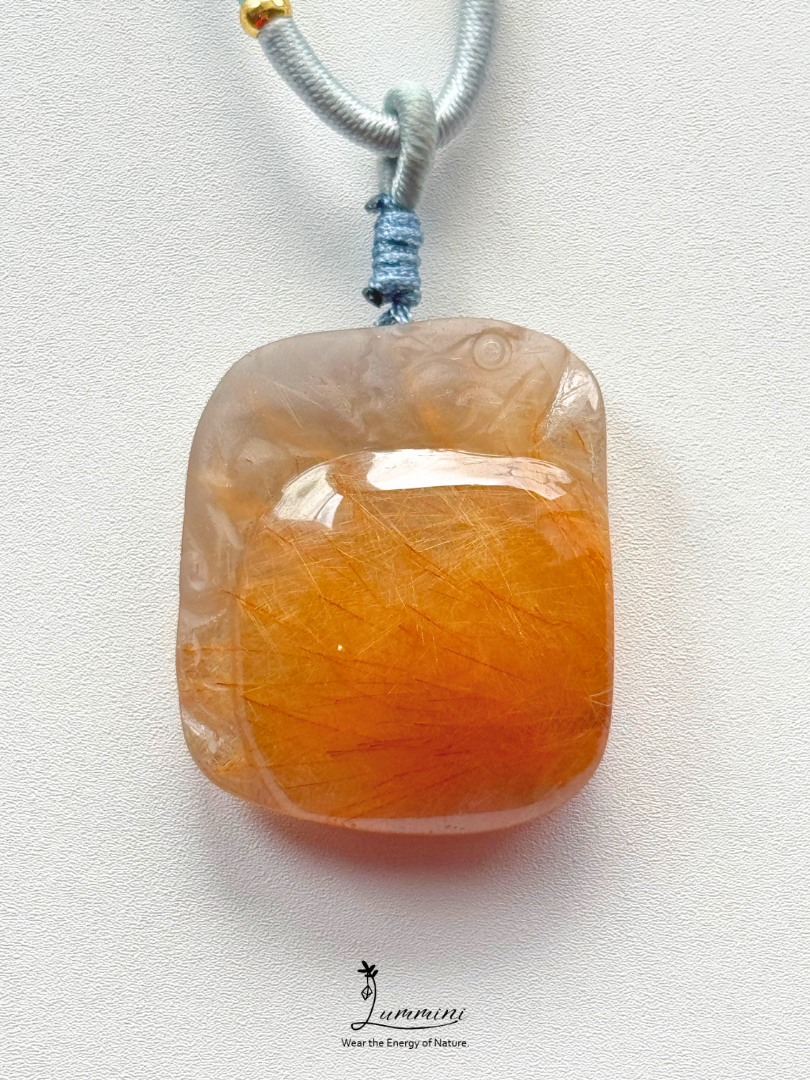 Natural Golden Rutilated Quartz Pixiu Pendant Necklace – Handwoven, One of a Kind