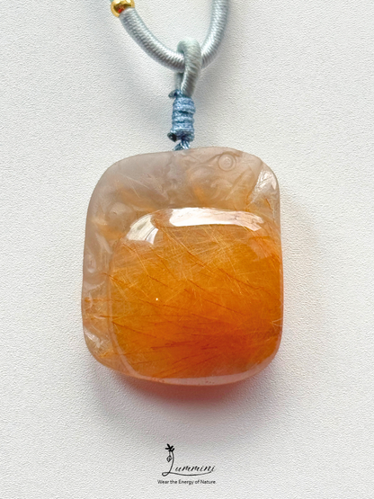 Natural Golden Rutilated Quartz Pixiu Pendant Necklace – Handwoven, One of a Kind