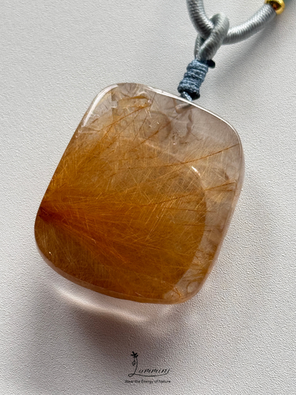Natural Golden Rutilated Quartz Pixiu Pendant Necklace – Handwoven, One of a Kind