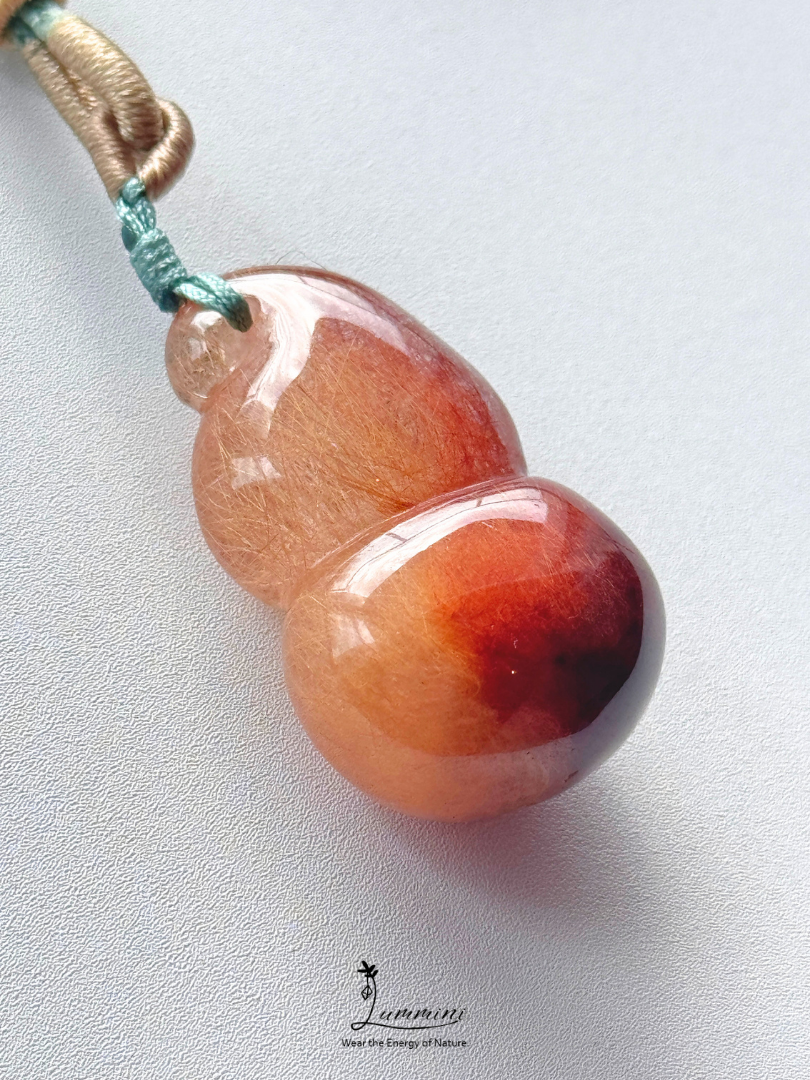Natural Two-Tone Rutilated Quartz Gourd Pendant Necklace – Handwoven, One of a Kind
