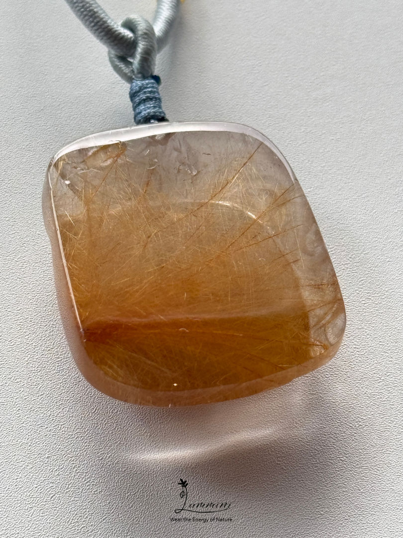Natural Golden Rutilated Quartz Pixiu Pendant Necklace – Handwoven, One of a Kind