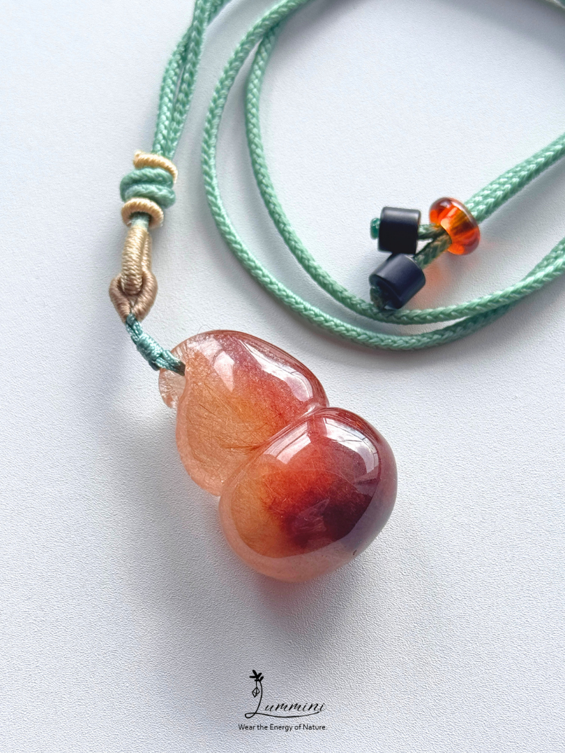 Natural Two-Tone Rutilated Quartz Gourd Pendant Necklace – Handwoven, One of a Kind