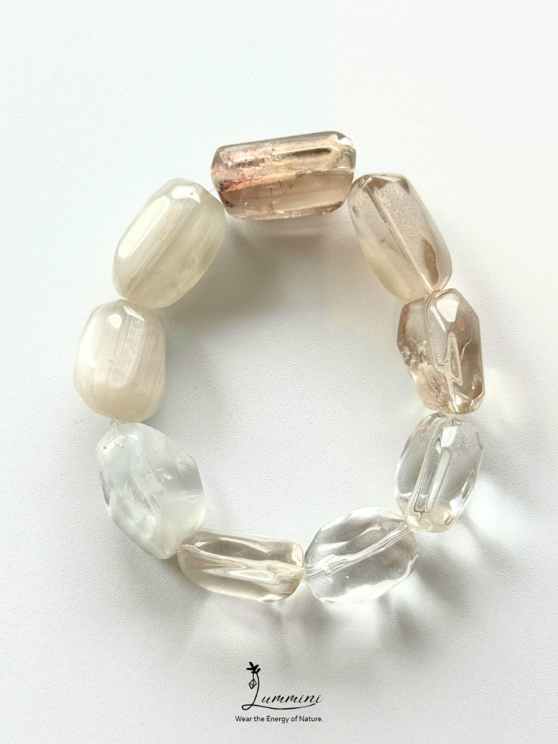 Natural Handmade Mixed Quartz Bracelet – Garden Quartz, Rutilated Quartz & White Rabbit Hair Quartz Freeform Beads