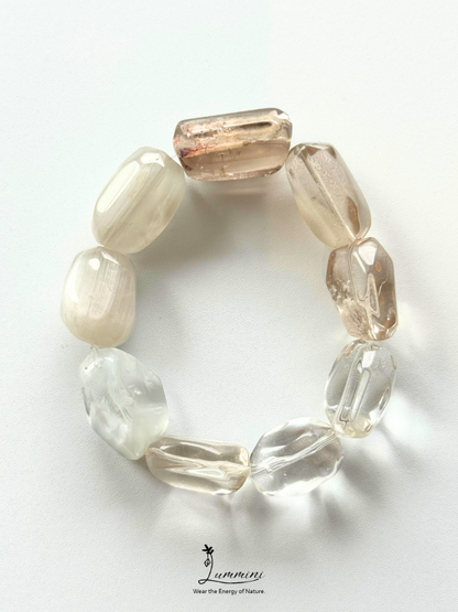 Natural Handmade Mixed Quartz Bracelet – Garden Quartz, Rutilated Quartz & White Rabbit Hair Quartz Freeform Beads