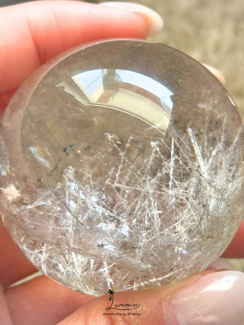 Rare & Distinctive,  Collector-Grade - Natural Garden Quartz Sphere with Frosted Rutile-Style Inclusions, Green Phantom & Rainbow, 48.5mm