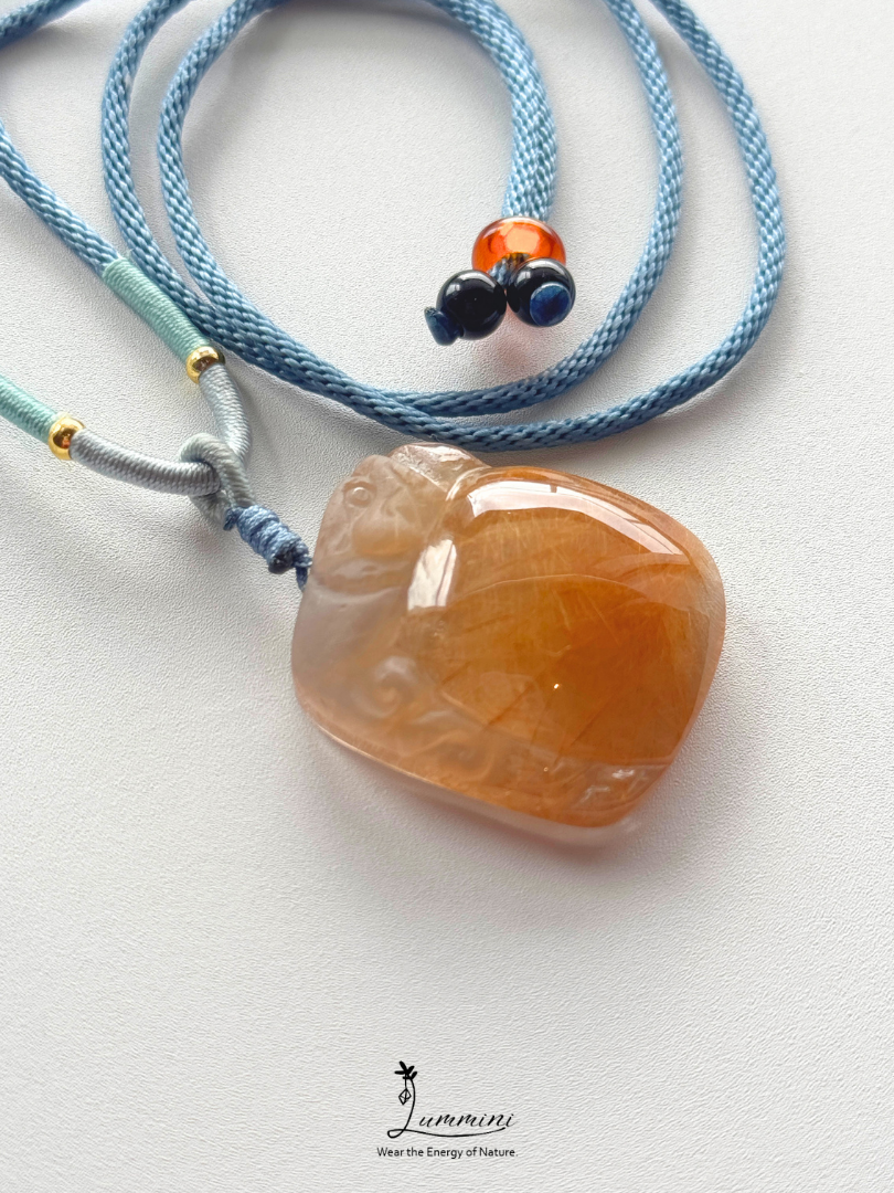 Natural Golden Rutilated Quartz Pixiu Pendant Necklace – Handwoven, One of a Kind
