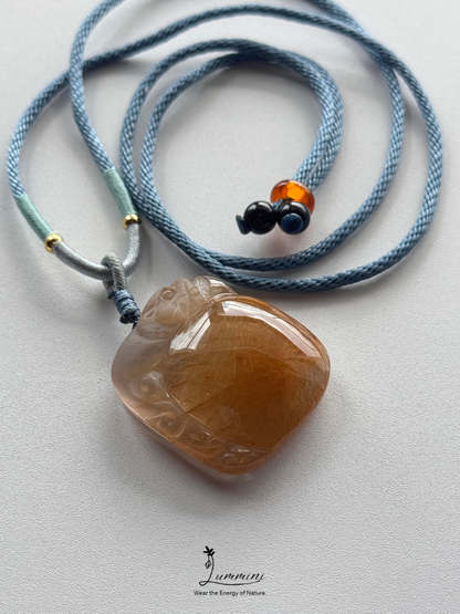 Natural Golden Rutilated Quartz Pixiu Pendant Necklace – Handwoven, One of a Kind