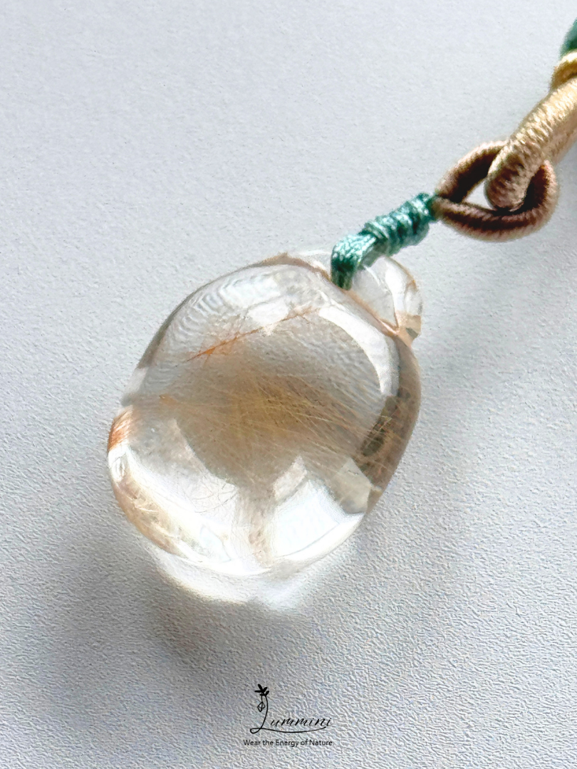 Natural Golden Rutilated Quartz Money Bag Pendant Necklace – Handwoven, One of a Kind