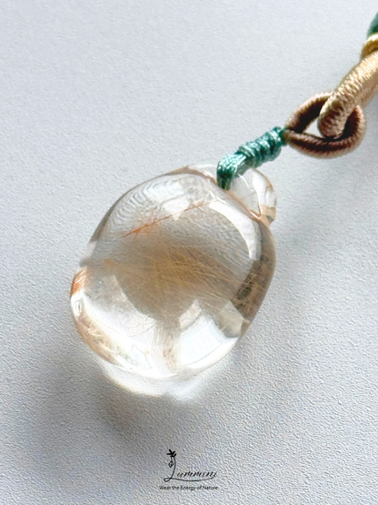 Natural Golden Rutilated Quartz Money Bag Pendant Necklace – Handwoven, One of a Kind
