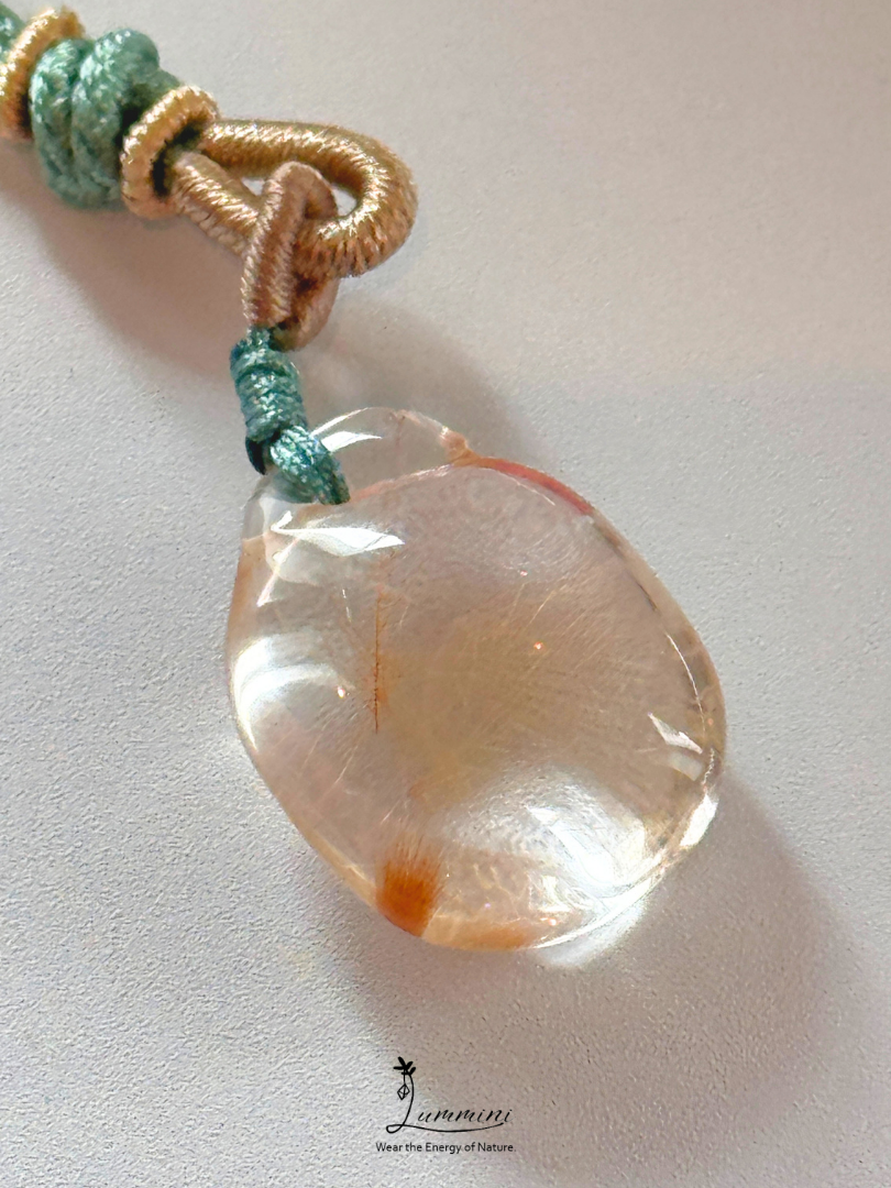 Natural Golden Rutilated Quartz Money Bag Pendant Necklace – Handwoven, One of a Kind