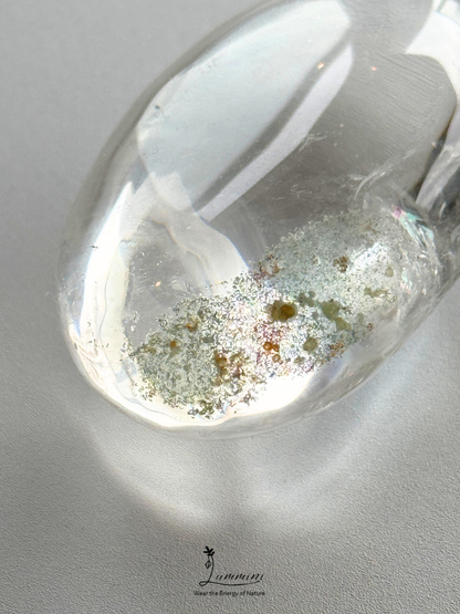 Natural Clear Quartz Palm Stone with Green Garden Quartz Inclusions - 67g