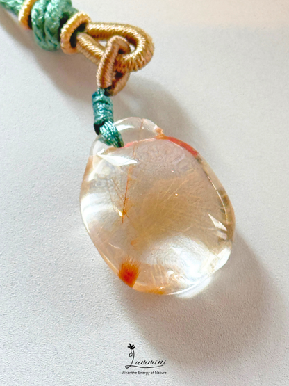 Natural Golden Rutilated Quartz Money Bag Pendant Necklace – Handwoven, One of a Kind
