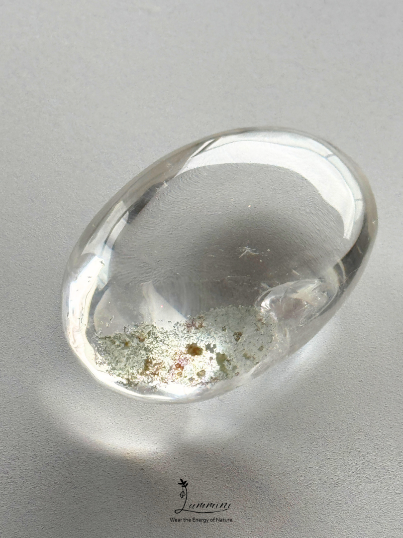 Natural Clear Quartz Palm Stone with Green Garden Quartz Inclusions - 67g