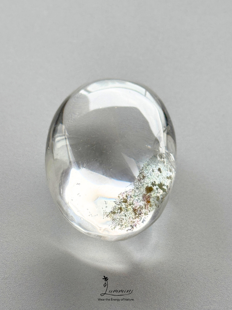 Natural Clear Quartz Palm Stone with Green Garden Quartz Inclusions - 67g