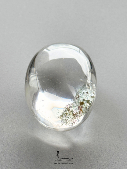 Natural Clear Quartz Palm Stone with Green Garden Quartz Inclusions - 67g
