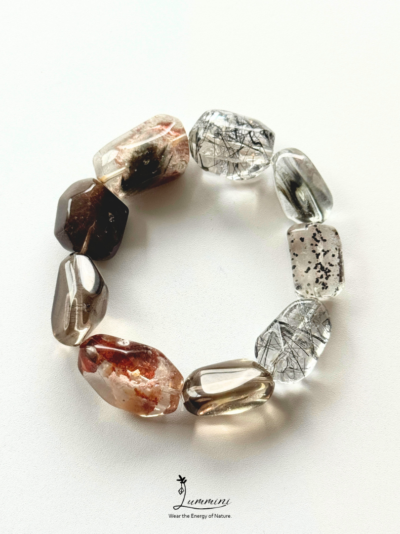 Artisanal Natural Mixed Crystal Bracelet – Black Rutilated Quartz, Black Mica, Black Hare’s Fur Quartz, Garden Quartz & Smoky Quartz, 12mm-15mm Freeform