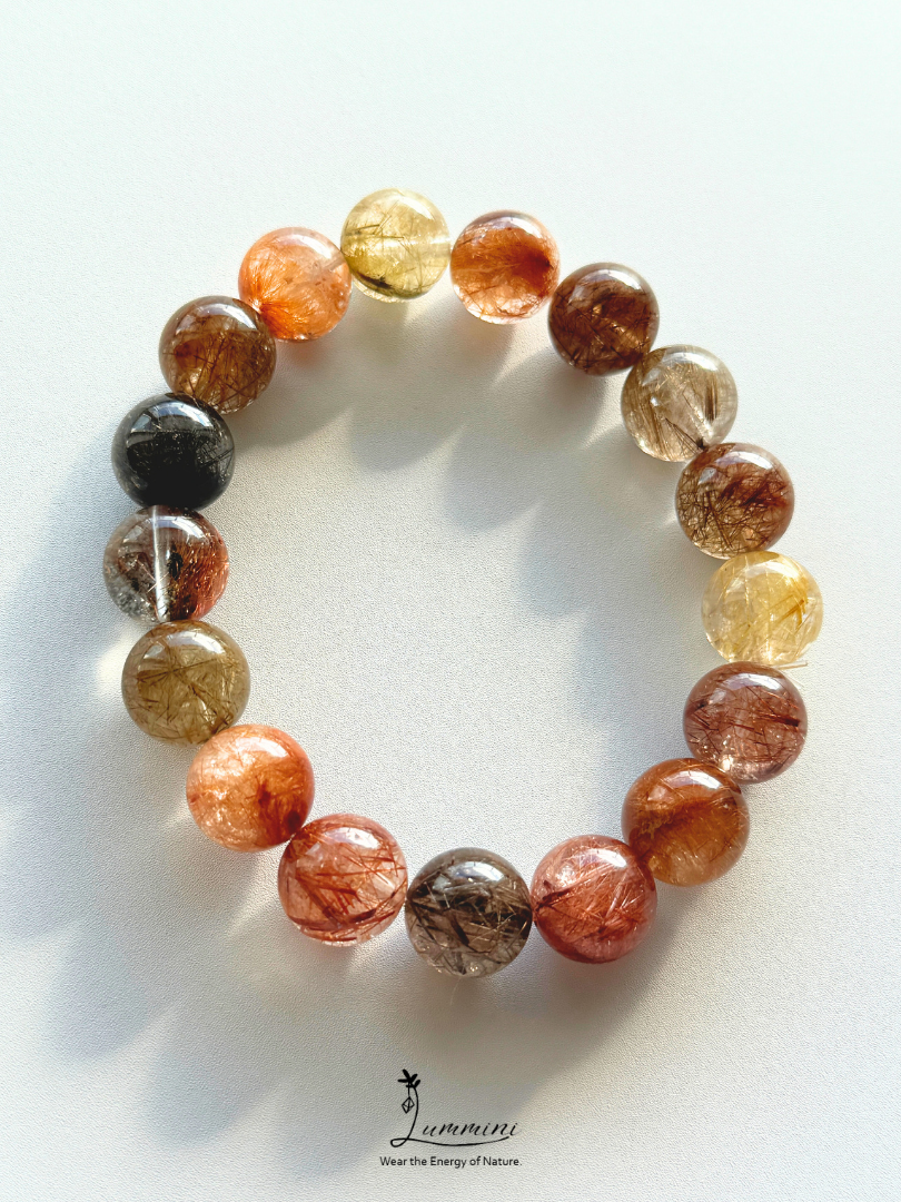 Rare Natural Multi-Coloured polychrome Rutilated Quartz Bracelet 13.5mm, Mixed colour, One of a Kind