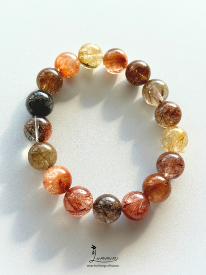 Rare Natural Multi-Coloured polychrome Rutilated Quartz Bracelet 13.5mm, Mixed colour, One of a Kind