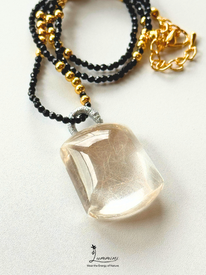 Natural Golden Rutilated Quartz Pendant Necklace with Black Obsidian Beaded Chain – 28mm