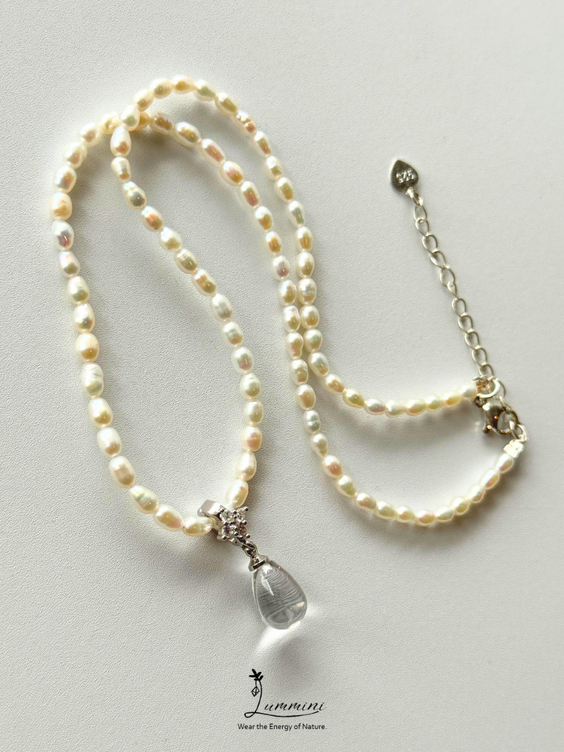 Natural Freshwater Pearl Necklace with Clear Quartz Pendant, Gift Ready, One of a Kind Jewellery