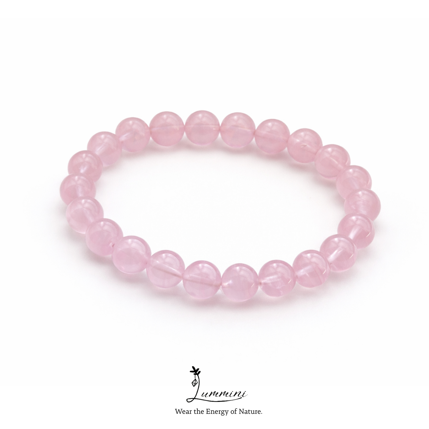 Pink beaded bracelet on a white background with 'Lumini' branding.