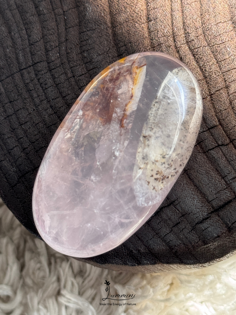 Natural Rose Quartz Palm Stone with Flower & Dendritic Inclusions