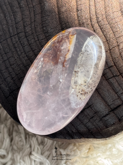 Natural Rose Quartz Palm Stone with Flower & Dendritic Inclusions