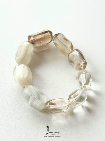 Natural Handmade Mixed Quartz Bracelet – Garden Quartz, Rutilated Quartz & White Rabbit Hair Quartz Freeform Beads