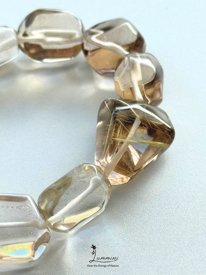 Artisan Natural AAA Grade Smoky Quartz Bracelet with Golden Rutile Accent Bead – Hand Cut Freeform, Approx. 12.5 mm