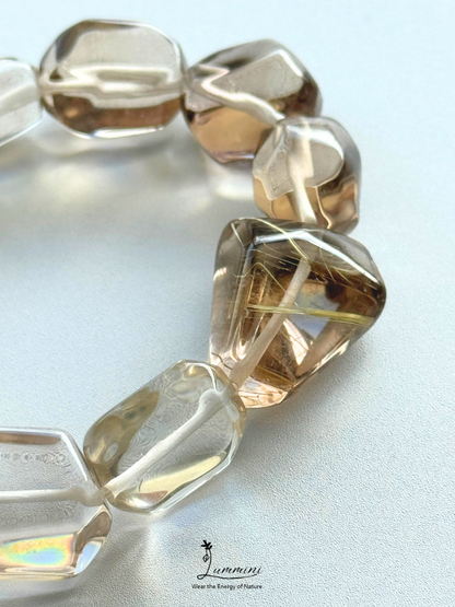 Artisan Natural AAA Grade Smoky Quartz Bracelet with Golden Rutile Accent Bead – Hand Cut Freeform, Approx. 12.5 mm