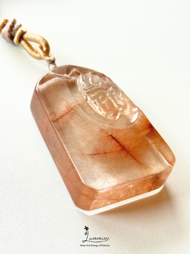 Rare!! Collector-Grade Red Copper Rutilated Quartz Guanyin Statement Necklace – Hand Carved 47.5mm