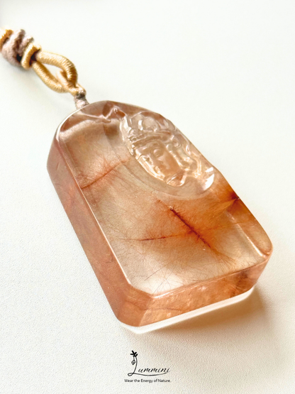Rare!! Collector-Grade Red Copper Rutilated Quartz Guanyin Statement Necklace – Hand Carved 47.5mm