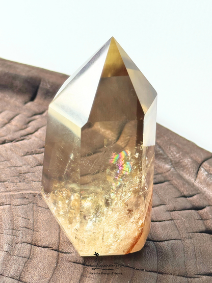 AAAA Rare Natural Brazilian Citrine Crystal Tower with Rainbow, Golden Quartz Obelisk, Collector, Display Piece – 165g, 8.25cm, One of a Kind