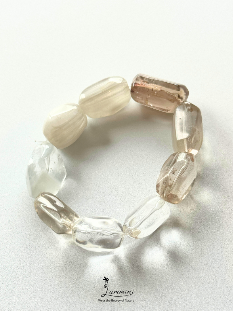 Natural Handmade Mixed Quartz Bracelet – Garden Quartz, Rutilated Quartz & White Rabbit Hair Quartz Freeform Beads