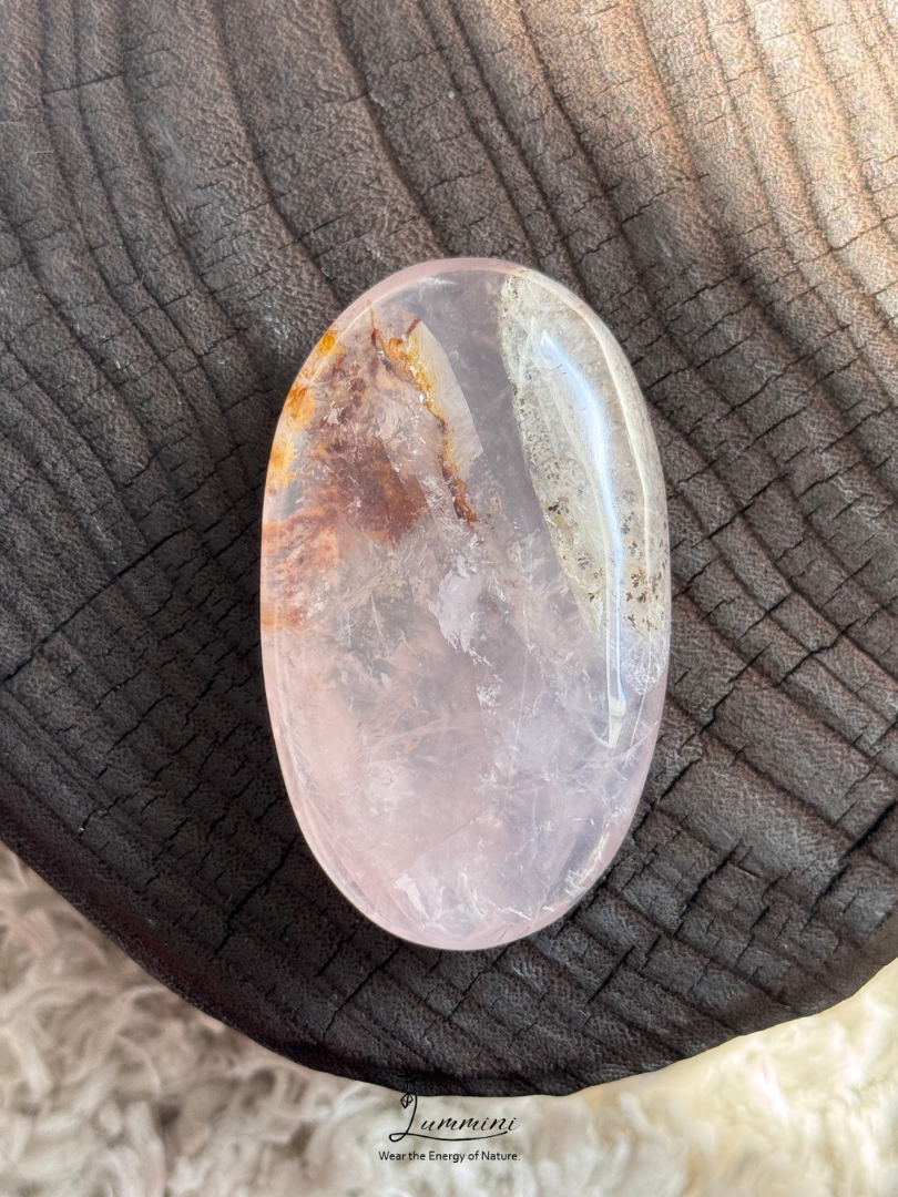 Natural Rose Quartz Palm Stone with Flower & Dendritic Inclusions