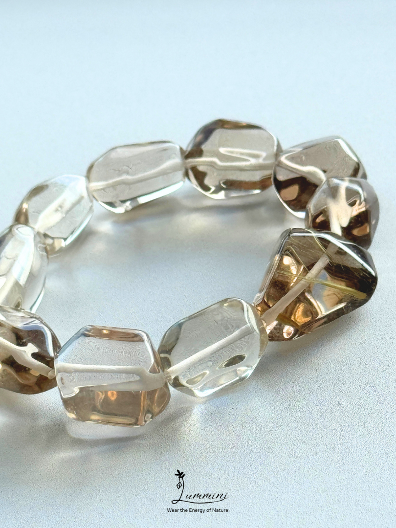 Artisan Natural AAA Grade Smoky Quartz Bracelet with Golden Rutile Accent Bead – Hand Cut Freeform, Approx. 12.5 mm