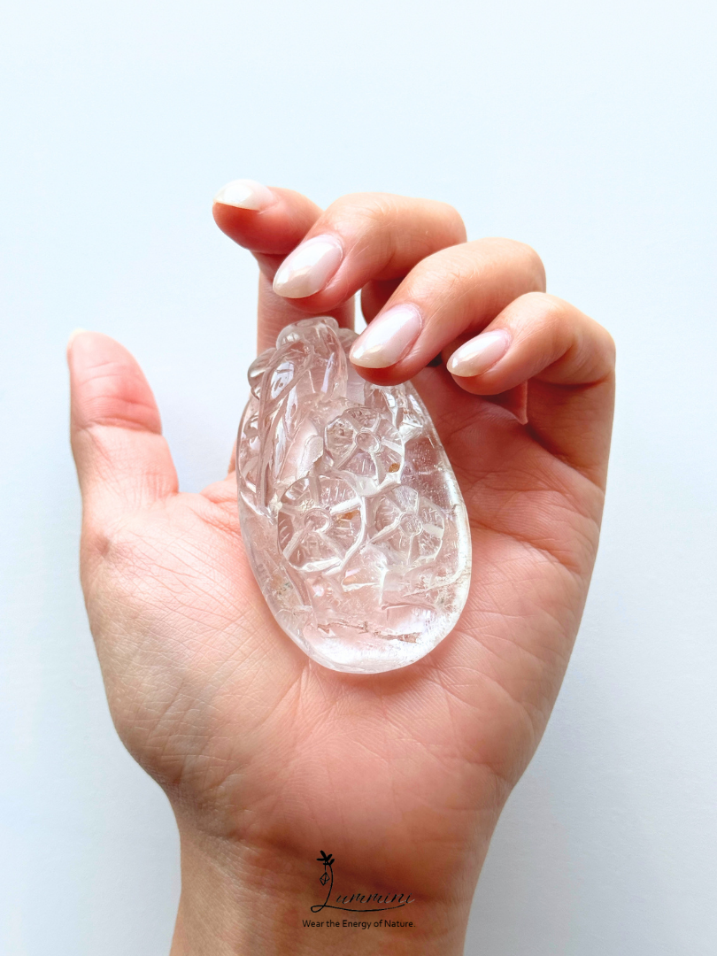 Natural Clear Quartz Magpie & Plum Blossom Pendant – Red Mineral Inclusions – 65mm, 74g
