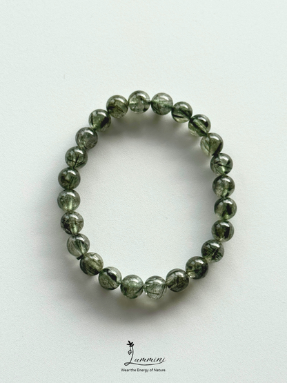 Natural Dark Green Rutilated Quartz Bracelet – 8mm, One of a Kind