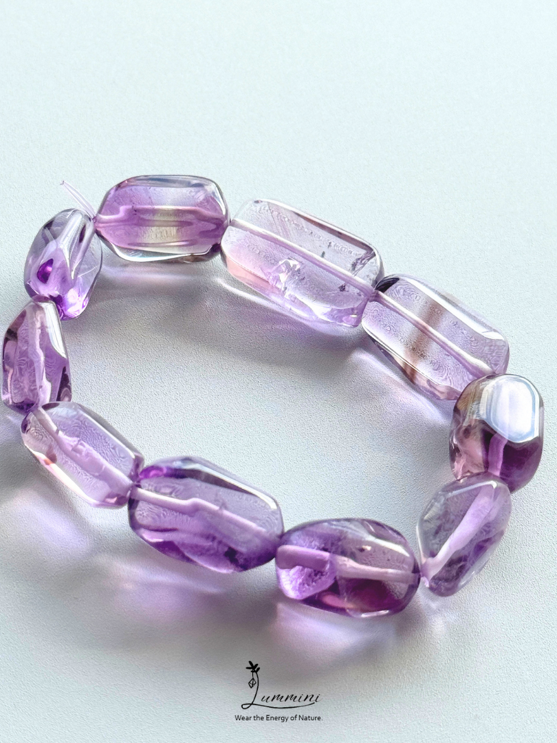 Premium Brazil Natural Amethyst & Ametrine Freeform Bracelet with Black Mineral Inclusion – 10–13mm