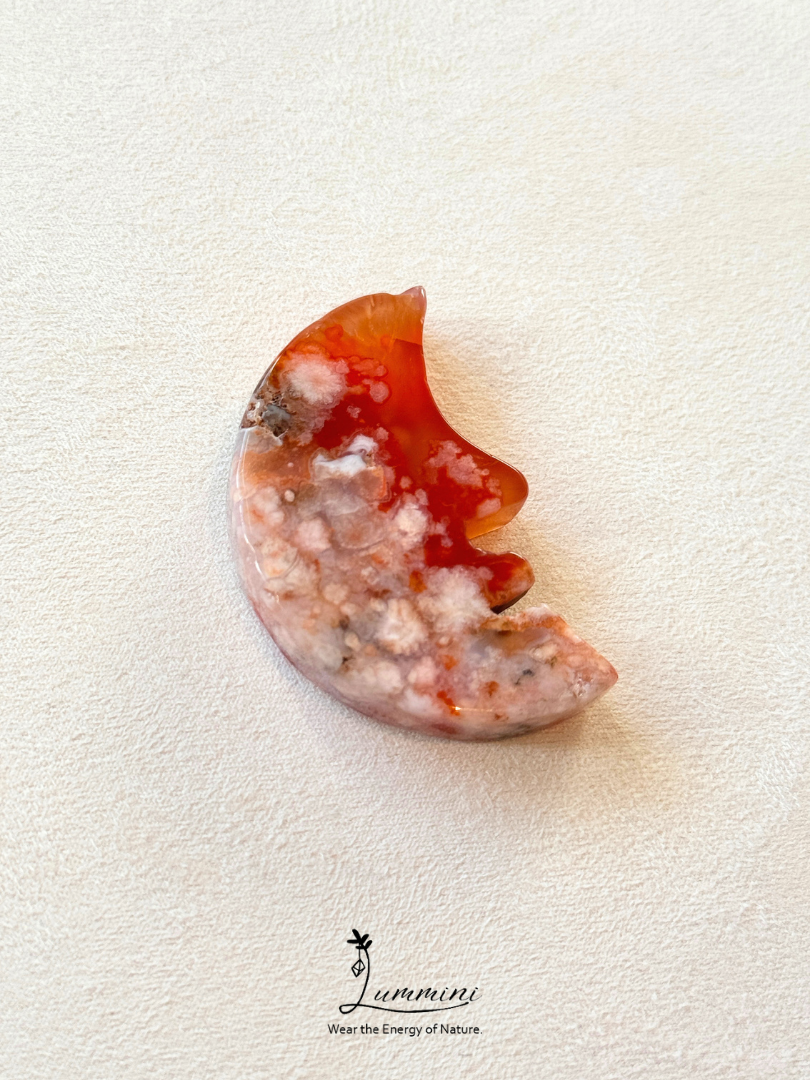Natural Sakura Agate Crescent Moon Face Carving