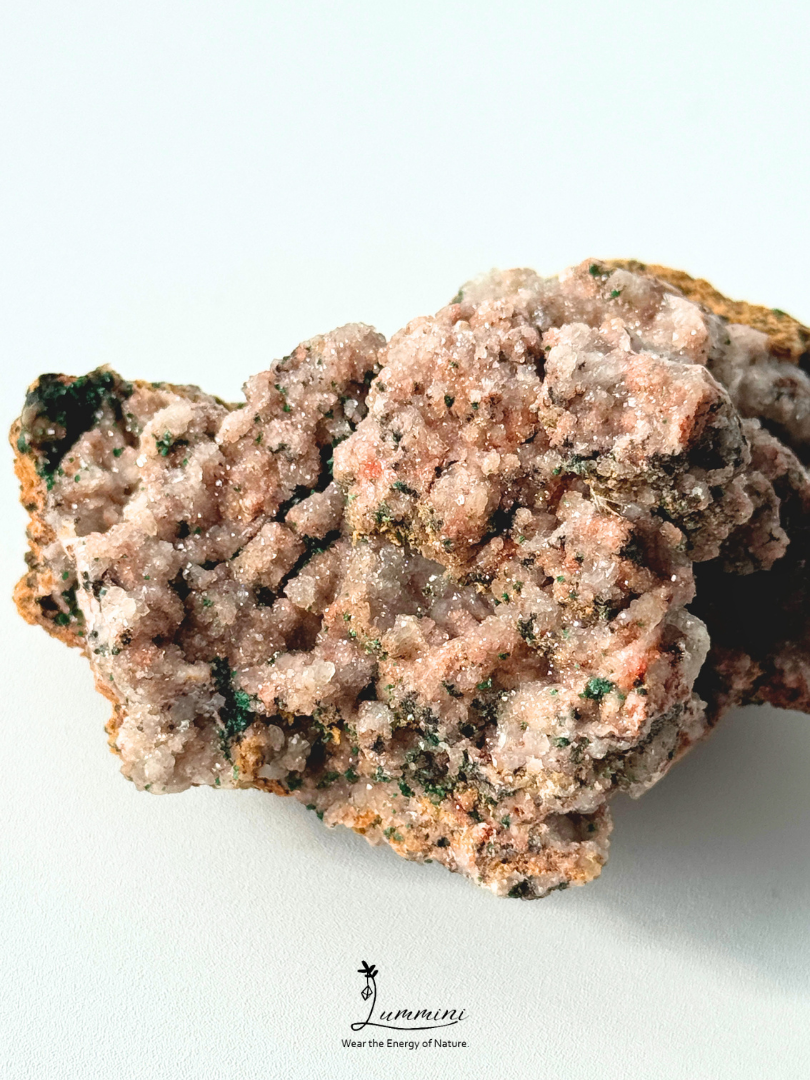 Distinctive Natural Pink Druzy Quartz Cluster with Malachite Association – 128g, 72mm