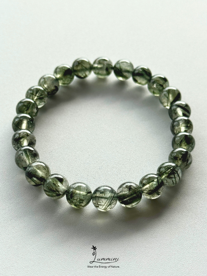 Natural Dark Green Rutilated Quartz Bracelet – 8mm, One of a Kind