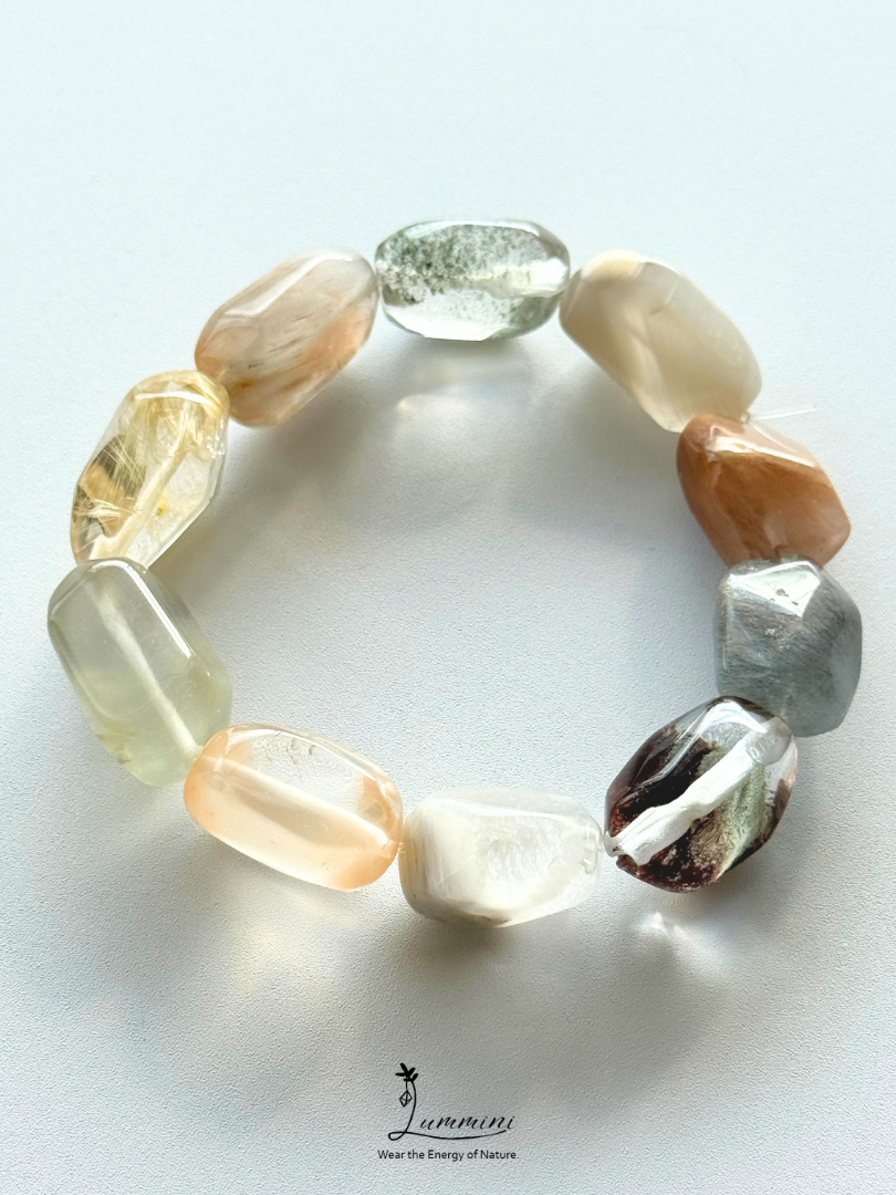 Artisan Natural Crystal Mosaic Bracelet – Hand-Cut Garden Quartz, Rabbit Hair & Golden Rutile #1