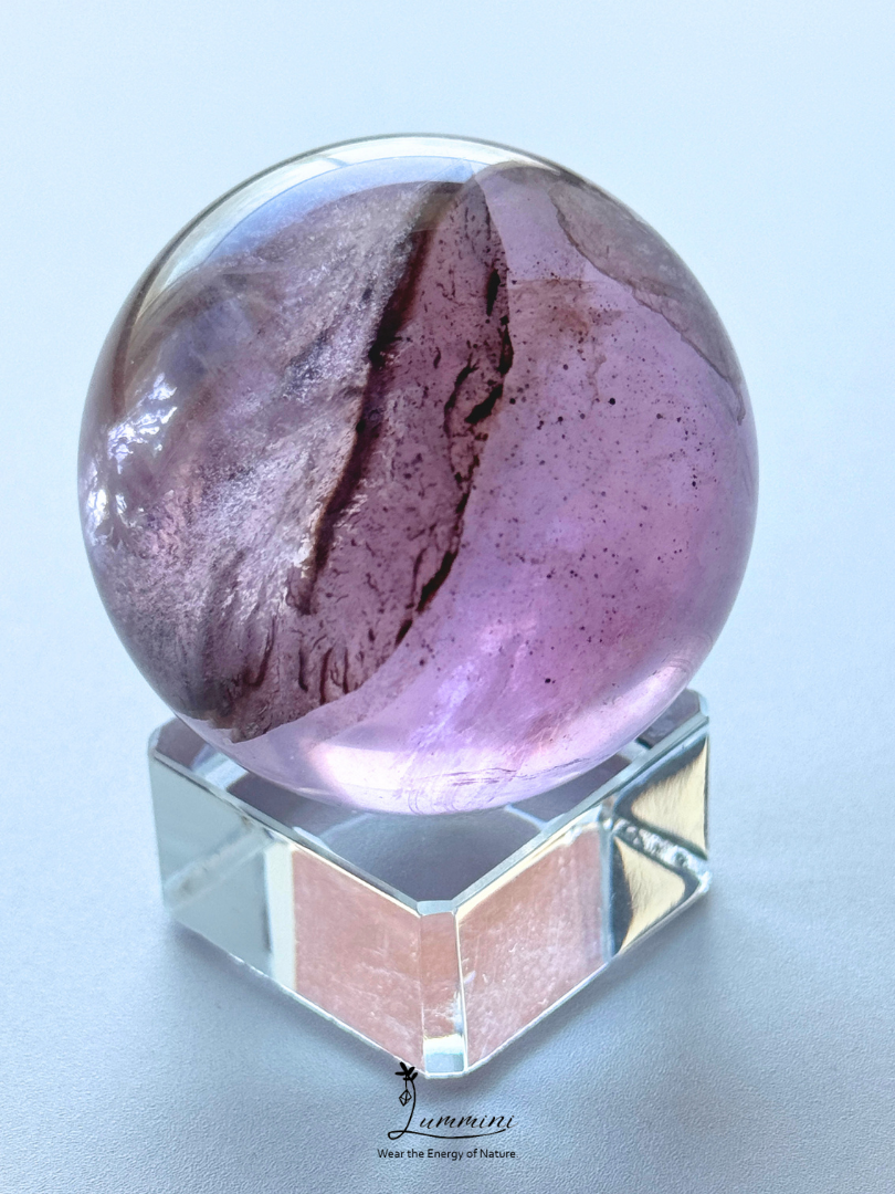 Natural Purple Fluorite Sphere with Scenic Pattern & Rainbow Flash – 44mm