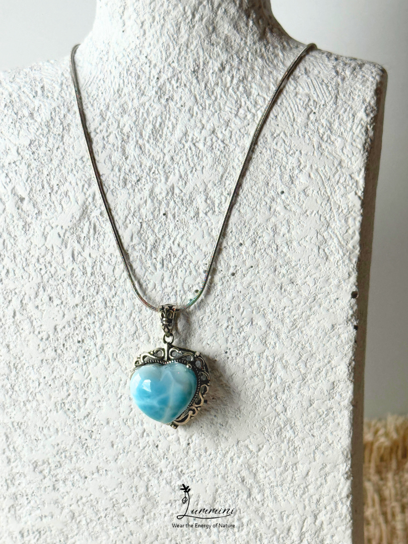 Genuine Natural Larimar Heart Pendant Necklace in Silver 925 Setting – 19*21*14.5 mm, Gift Ready, One of a Kind, Larimar Jewellery